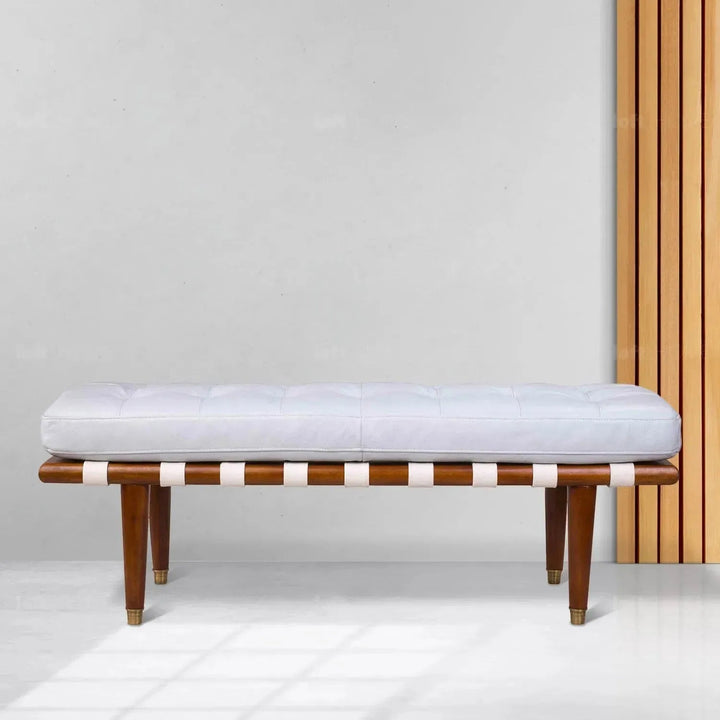 Vintage genuine leather bench milos with context.