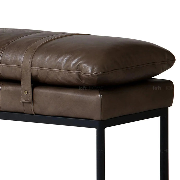Vintage genuine leather bench treasure in close up details.