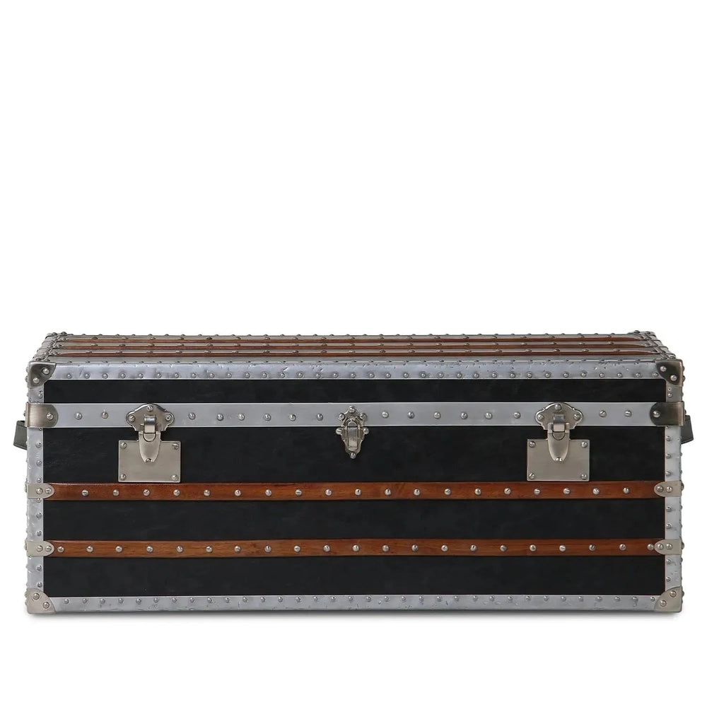 Industrial genuine leather coffee table frontier in white background.