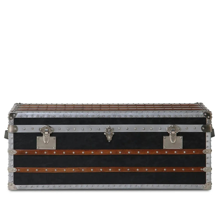 Industrial genuine leather coffee table frontier in white background.
