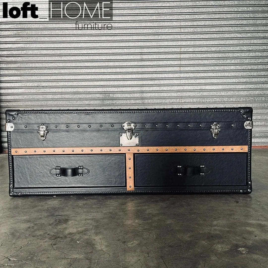 Vintage genuine leather coffee table ox trunk in details.