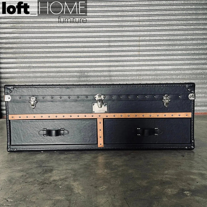 Vintage genuine leather coffee table ox trunk in details.