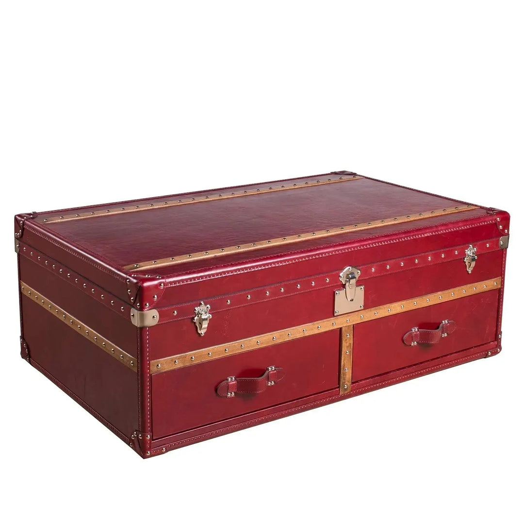 Vintage genuine leather coffee table ox trunk layered structure.