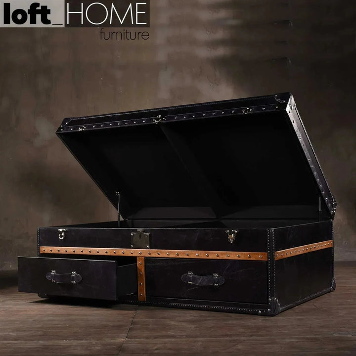 Vintage genuine leather coffee table ox trunk in real life style.