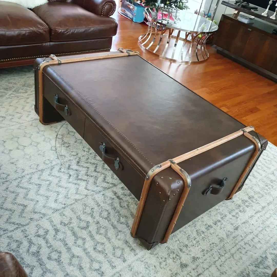 Vintage genuine leather coffee table richards' trunk in close up details.