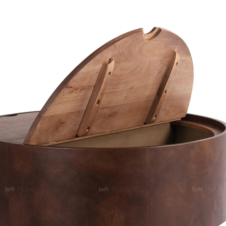 Vintage genuine leather coffee table rustic retro in still life.