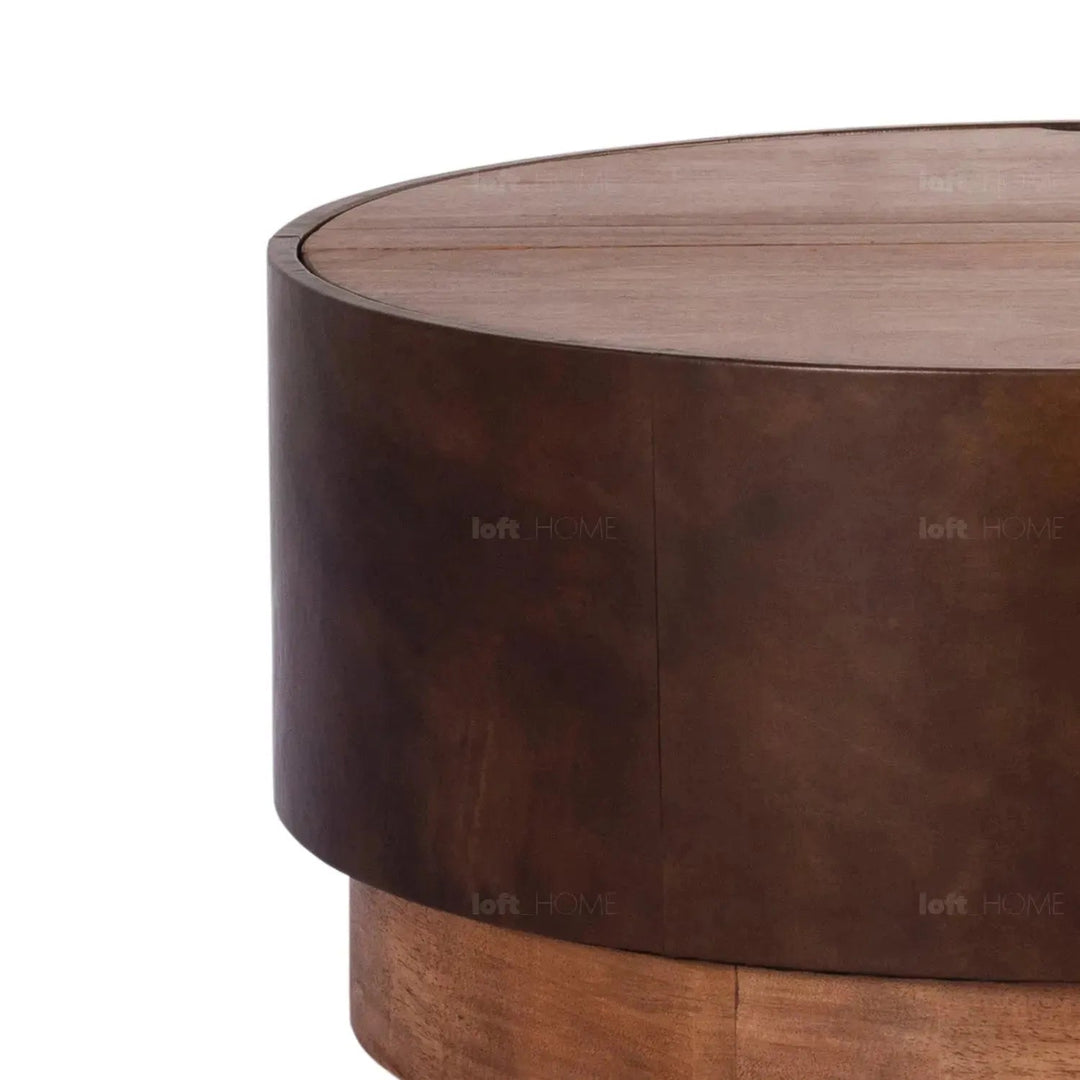 Vintage genuine leather coffee table rustic retro in close up details.