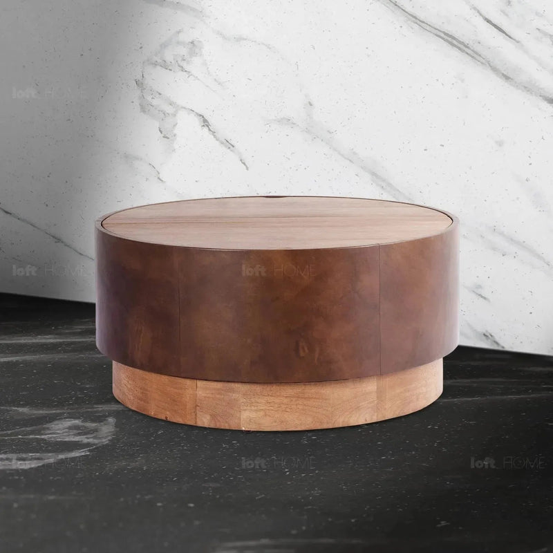 Vintage genuine leather coffee table rustic retro in real life style.