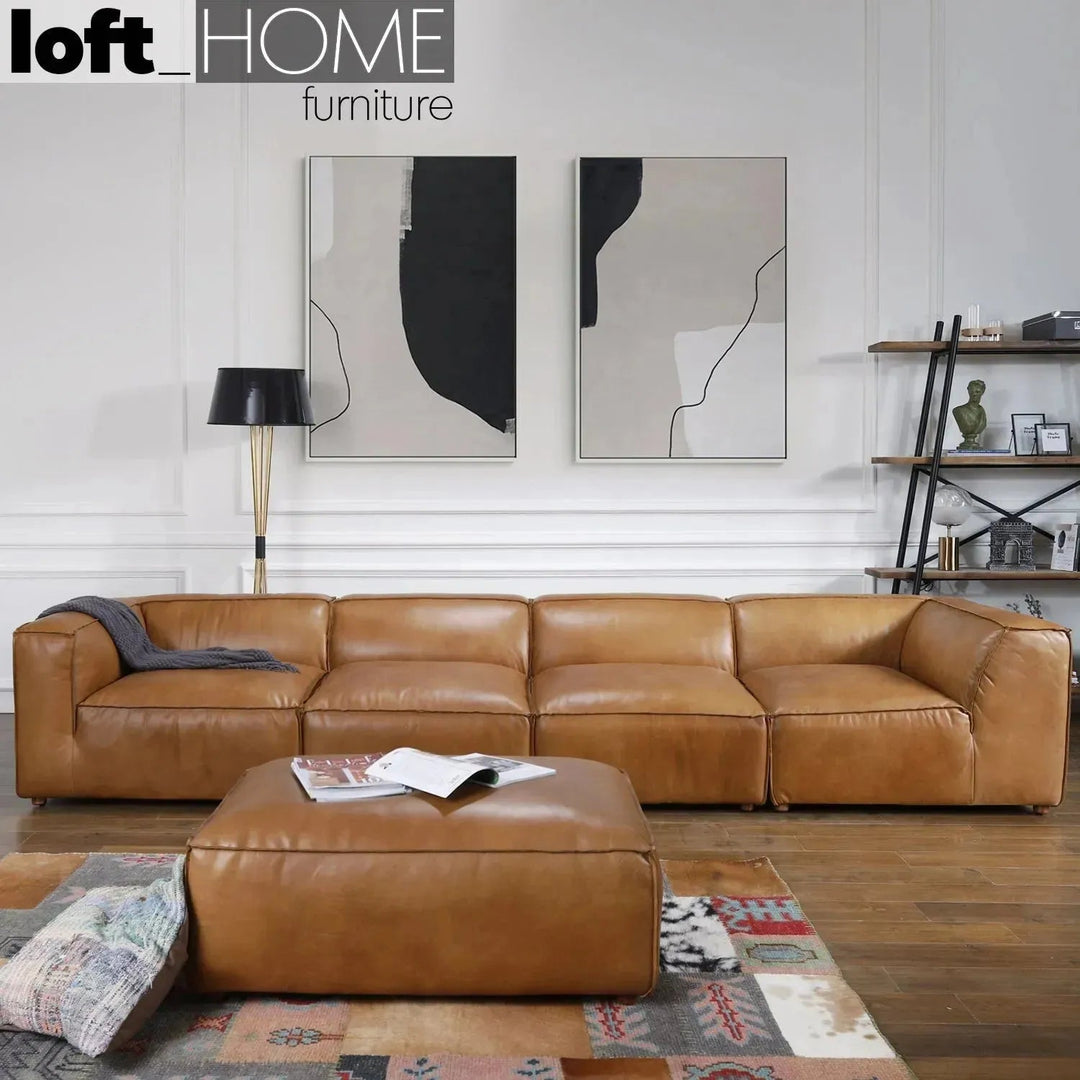 Vintage genuine leather l shape sectional sofa armbread 3+l in close up details.