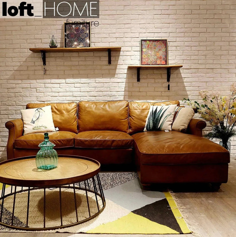 Vintage genuine leather l shape sectional sofa barclay 2+l in panoramic view.