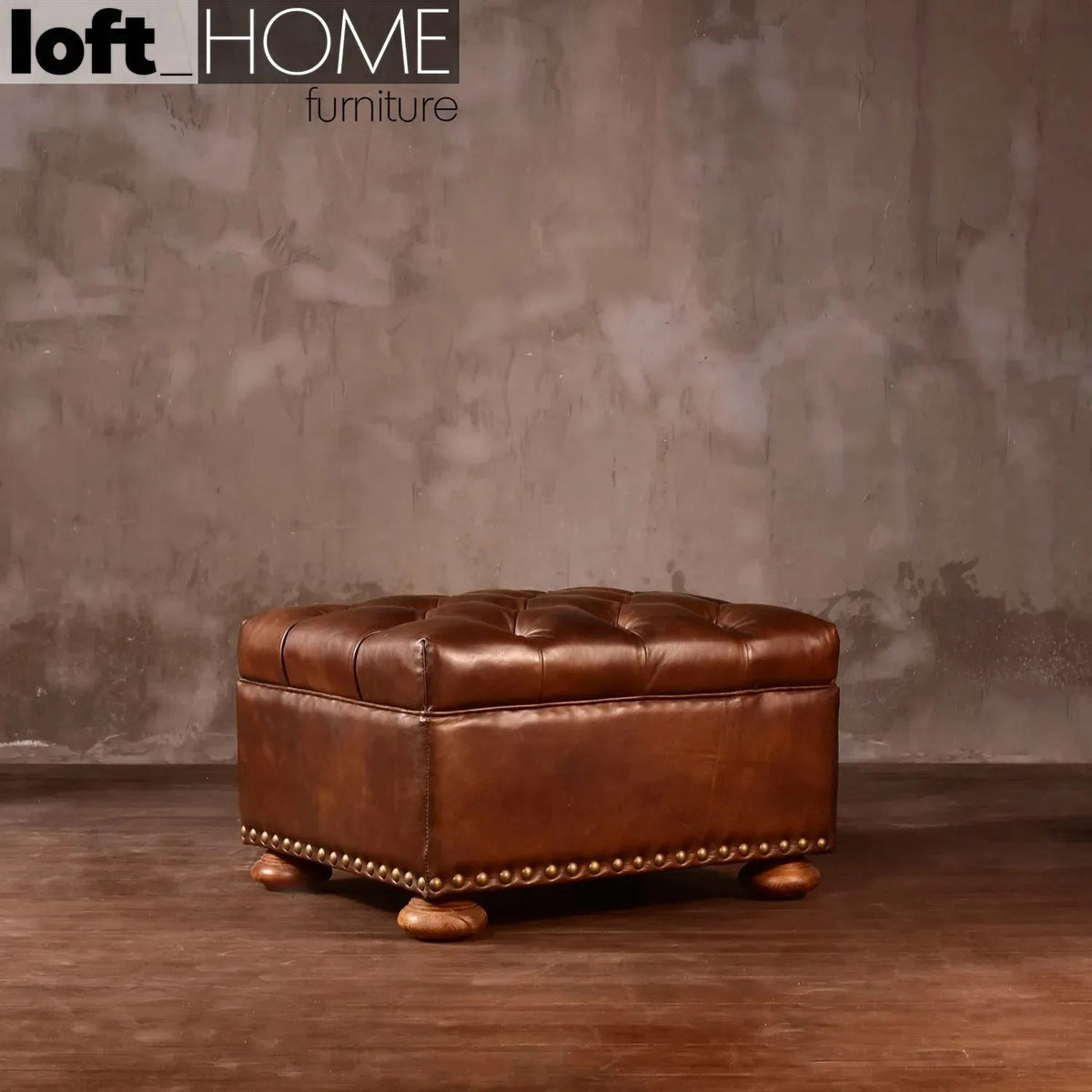 Vintage genuine leather ottoman chesterfield in real life style.