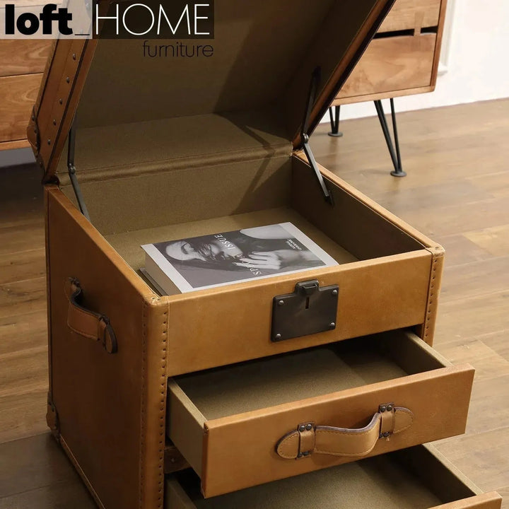 Vintage genuine leather side table nut ter trunk in close up details.