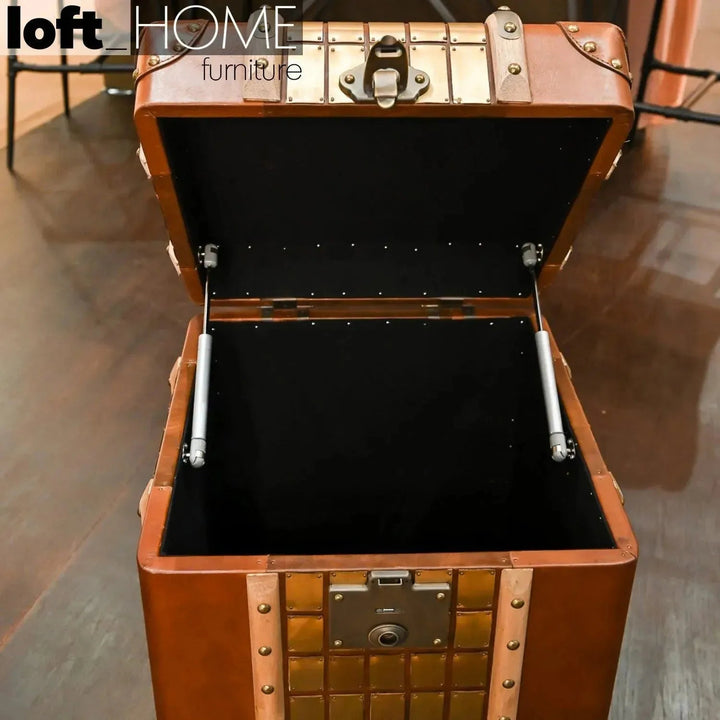 Vintage genuine leather side table warriors in panoramic view.