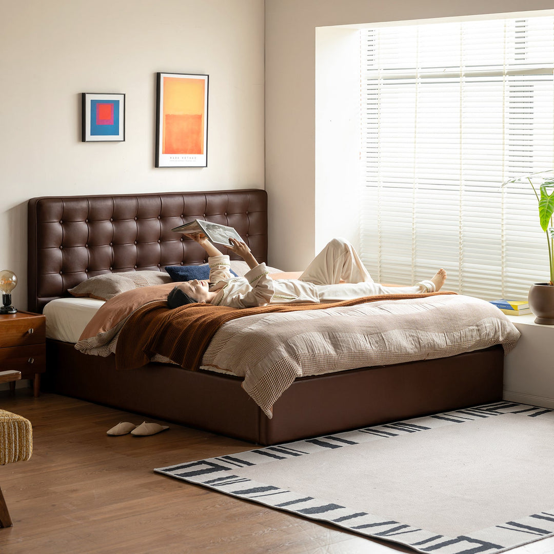 Vintage genuine leather storage bed waffle in panoramic view.