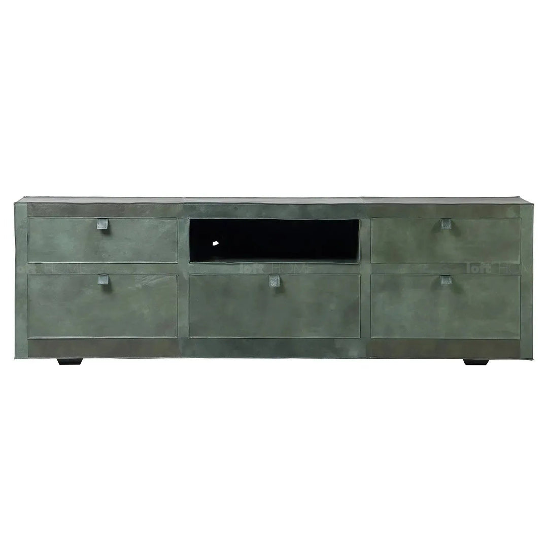 Vintage genuine leather tv console murphy in close up details.