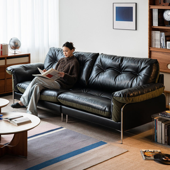 Vintage microfiber leather and fabric 4 seater sofa oasis with context.
