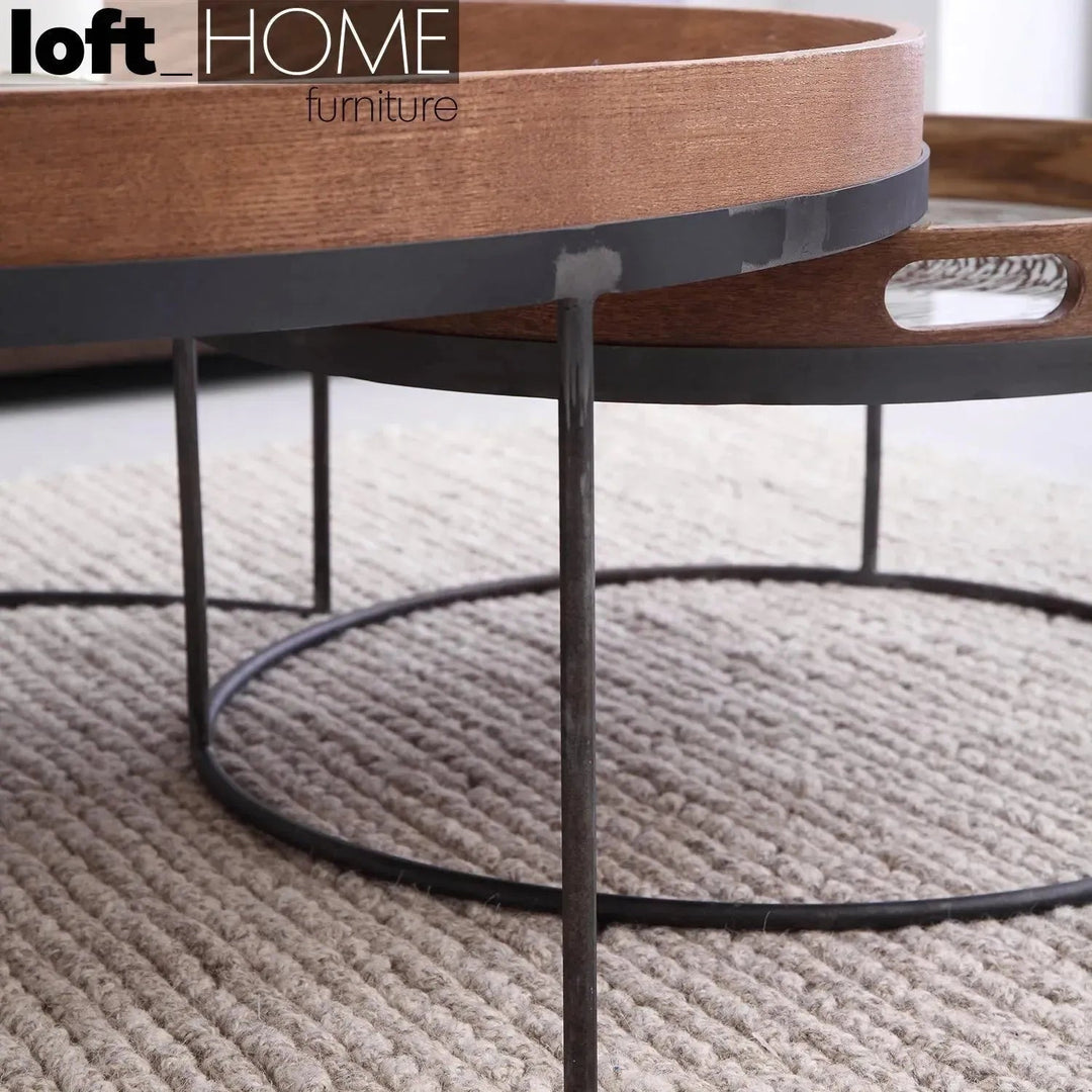 Industrial oak wood coffee table art in panoramic view.