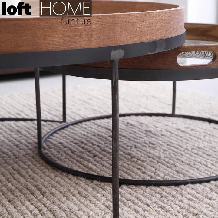 Industrial oak wood coffee table art in panoramic view.