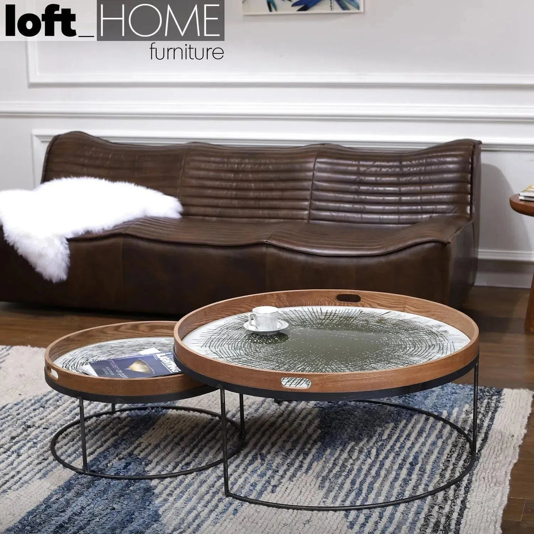 Industrial oak wood coffee table art with context.