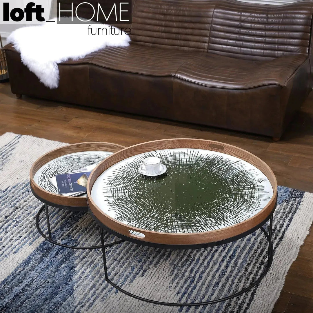 Industrial oak wood coffee table art in real life style.