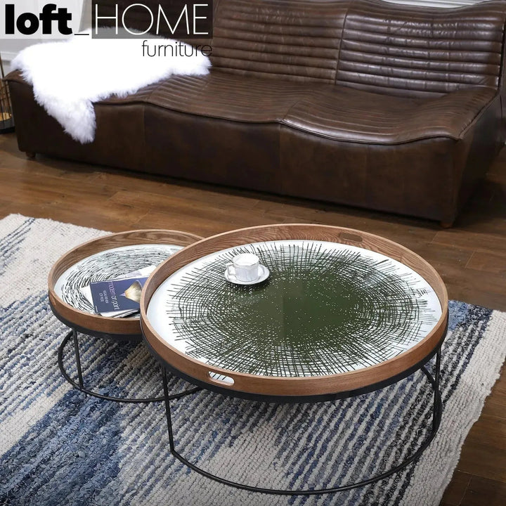 Industrial oak wood coffee table art in real life style.