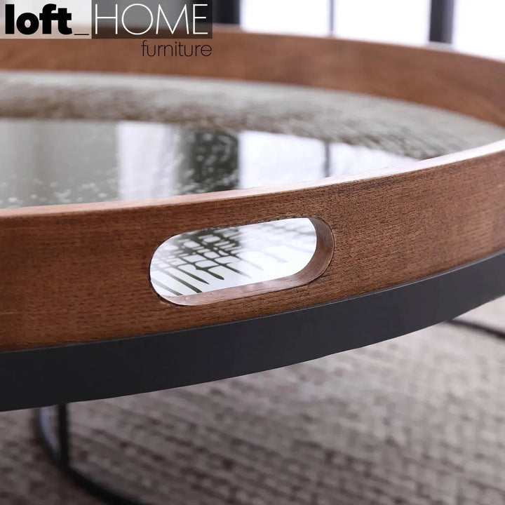 Industrial oak wood coffee table art in still life.