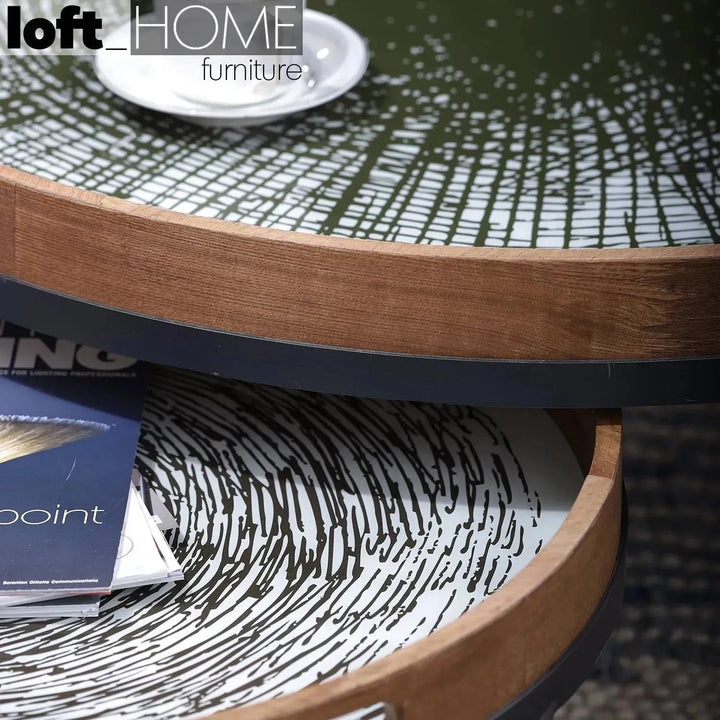 Industrial oak wood coffee table art layered structure.