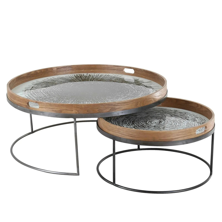Industrial oak wood coffee table art in white background.