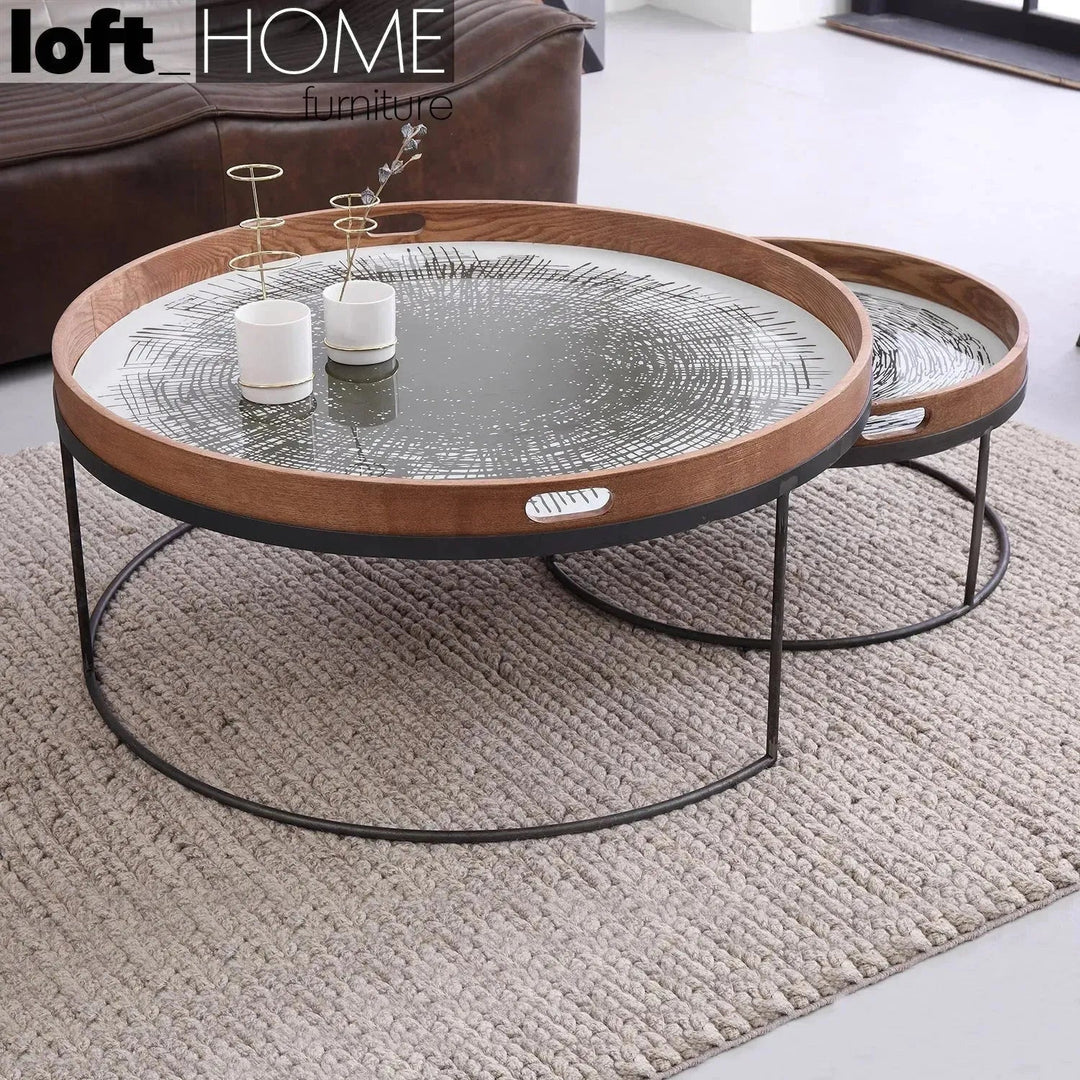Industrial oak wood coffee table art primary product view.