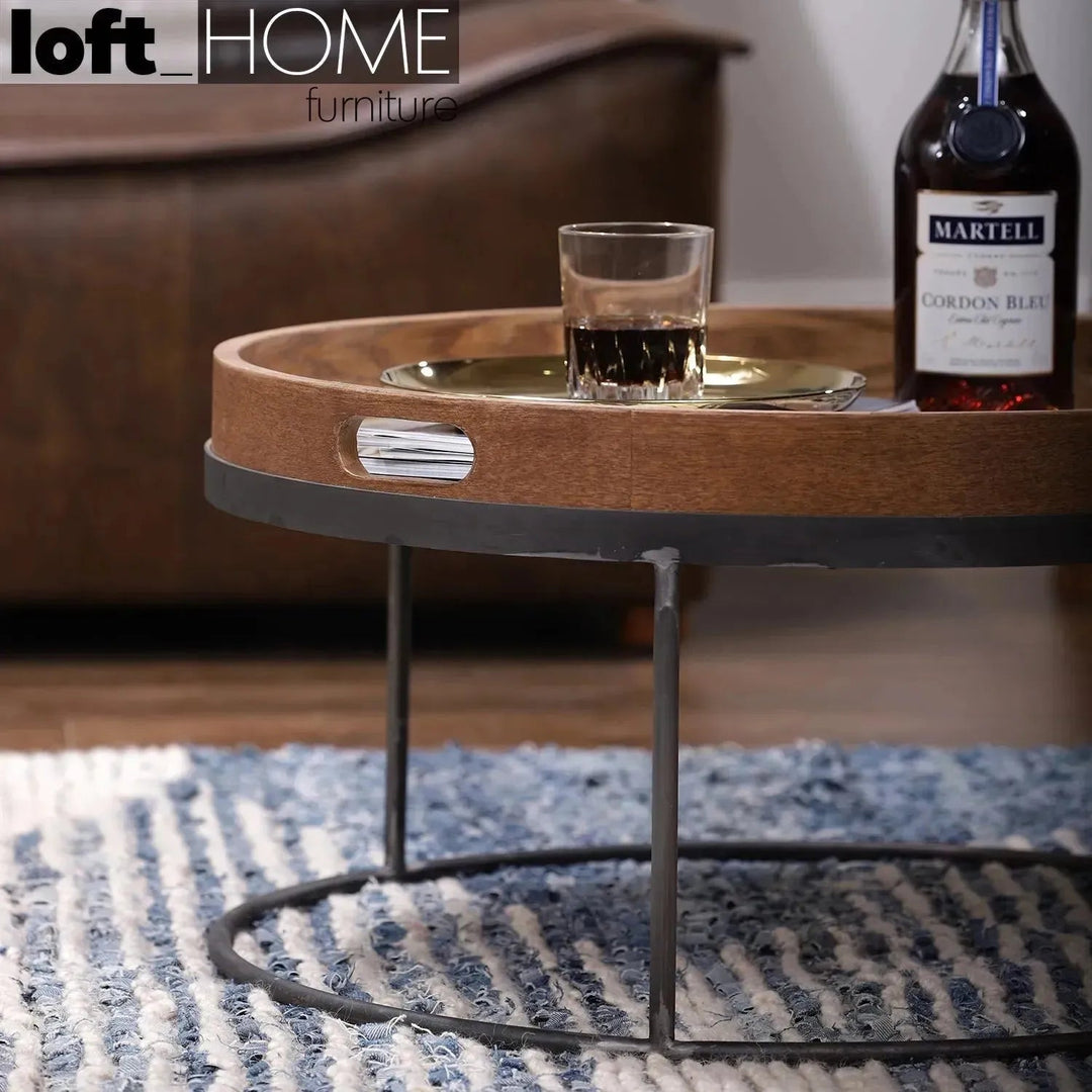 Industrial oak wood coffee table art in close up details.