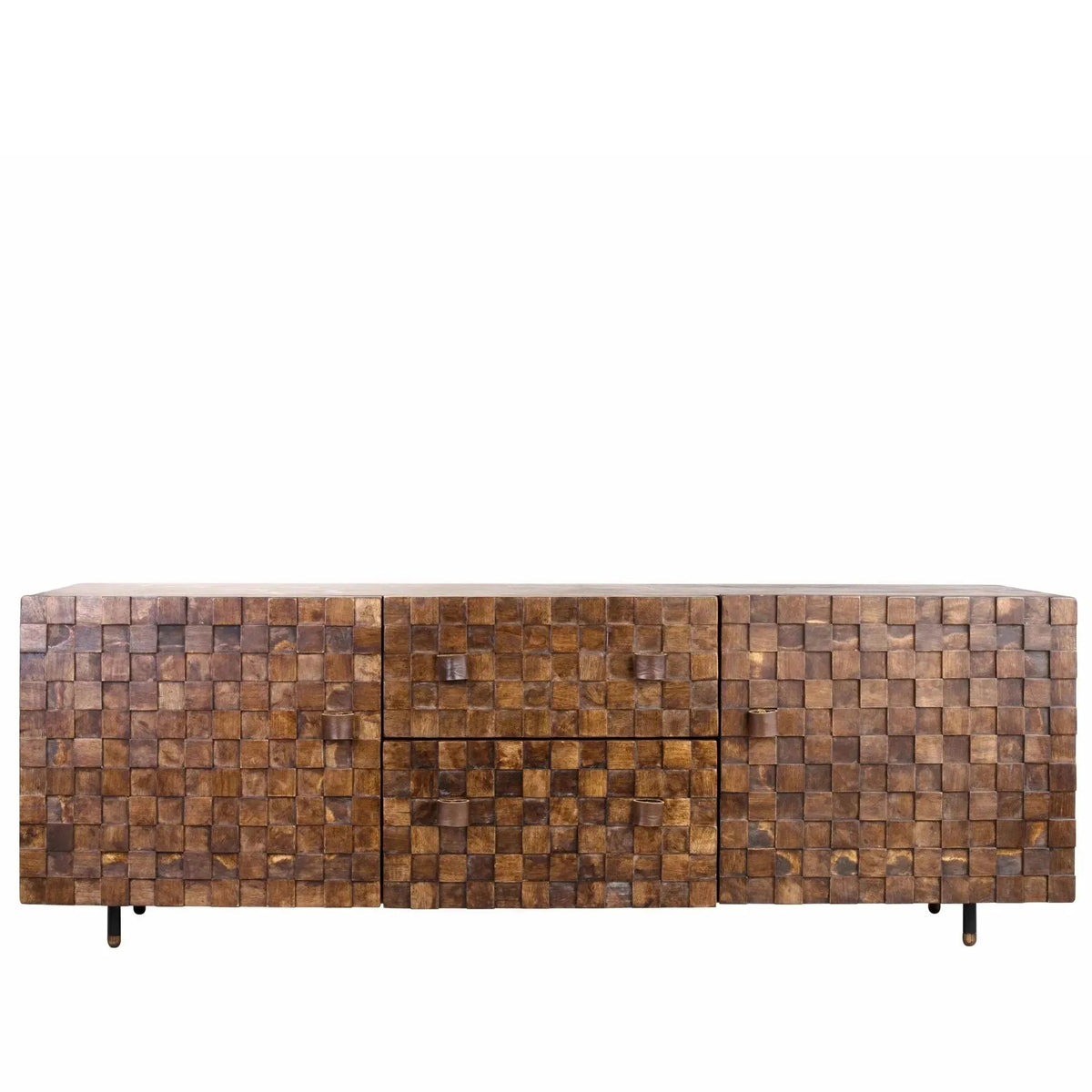 Vintage poplar wood tv console leon in white background.