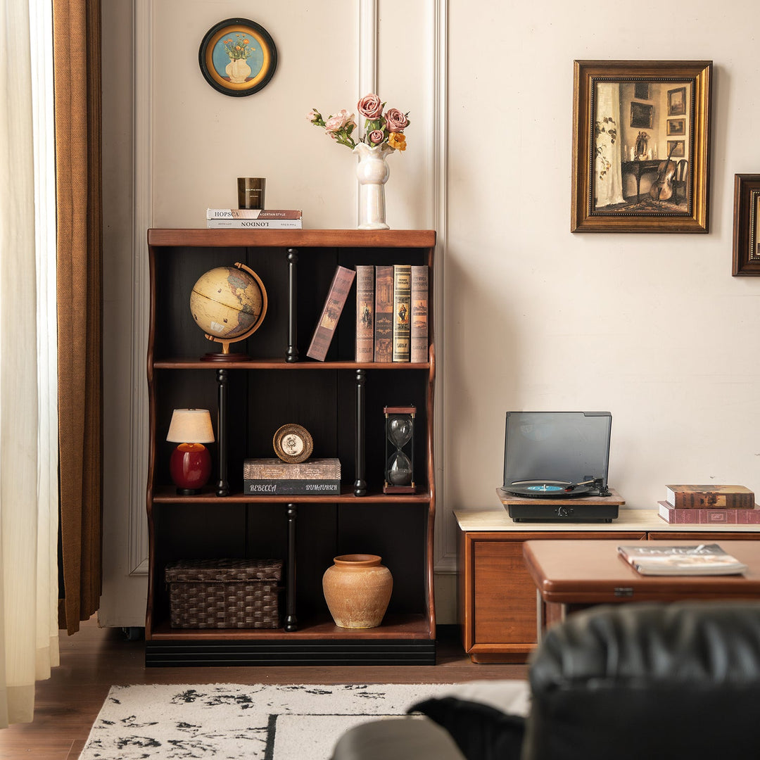 Vintage rubber wood bookshelf hadid in panoramic view.