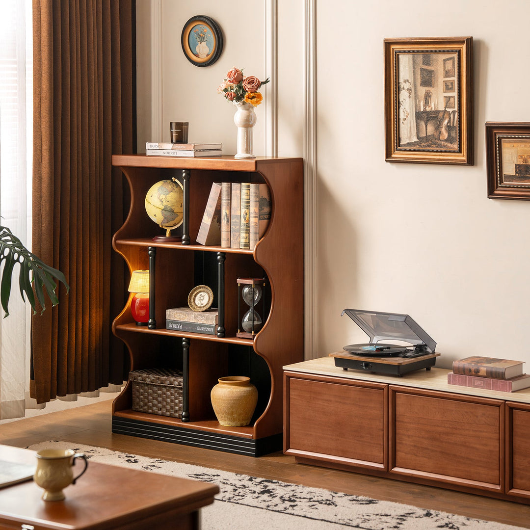 Vintage rubber wood bookshelf hadid with context.