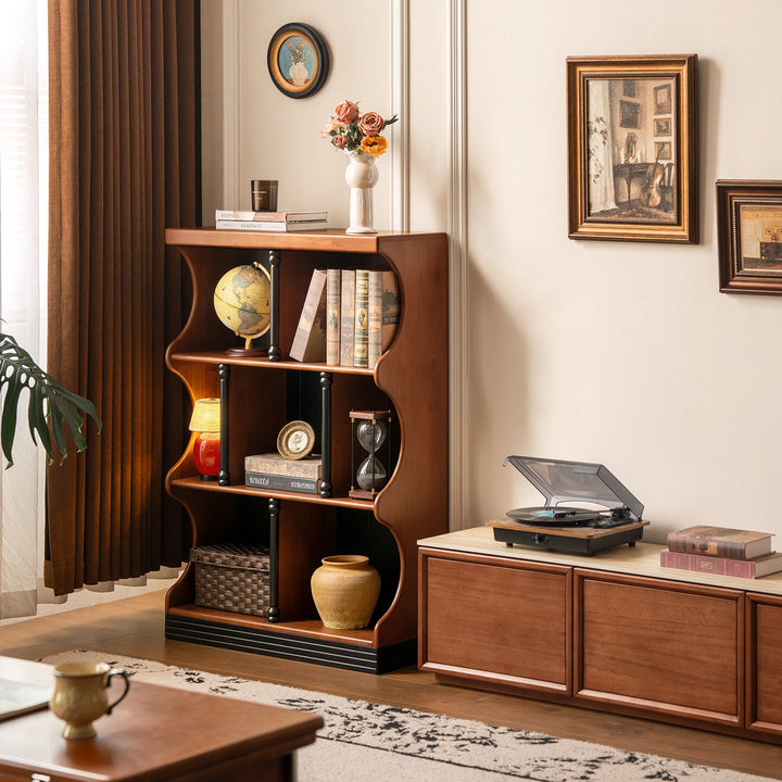 Vintage rubber wood bookshelf hadid with context.