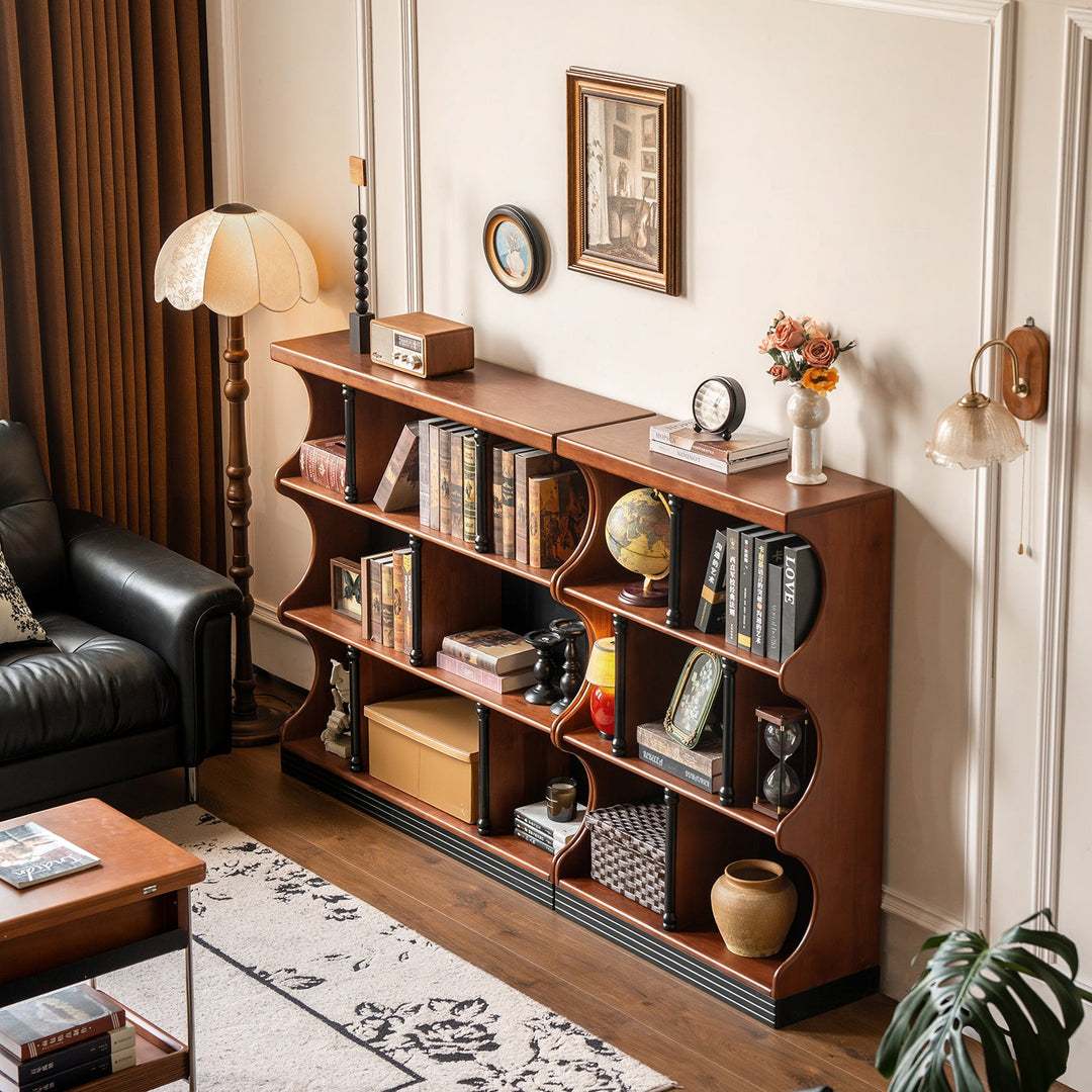 Vintage rubber wood bookshelf hadid in details.