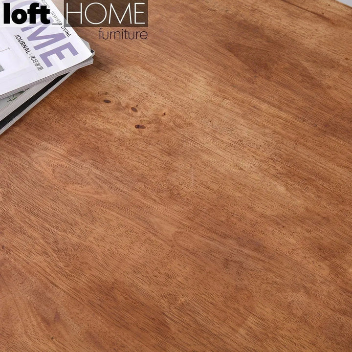 Industrial rubber wood coffee table serb in panoramic view.