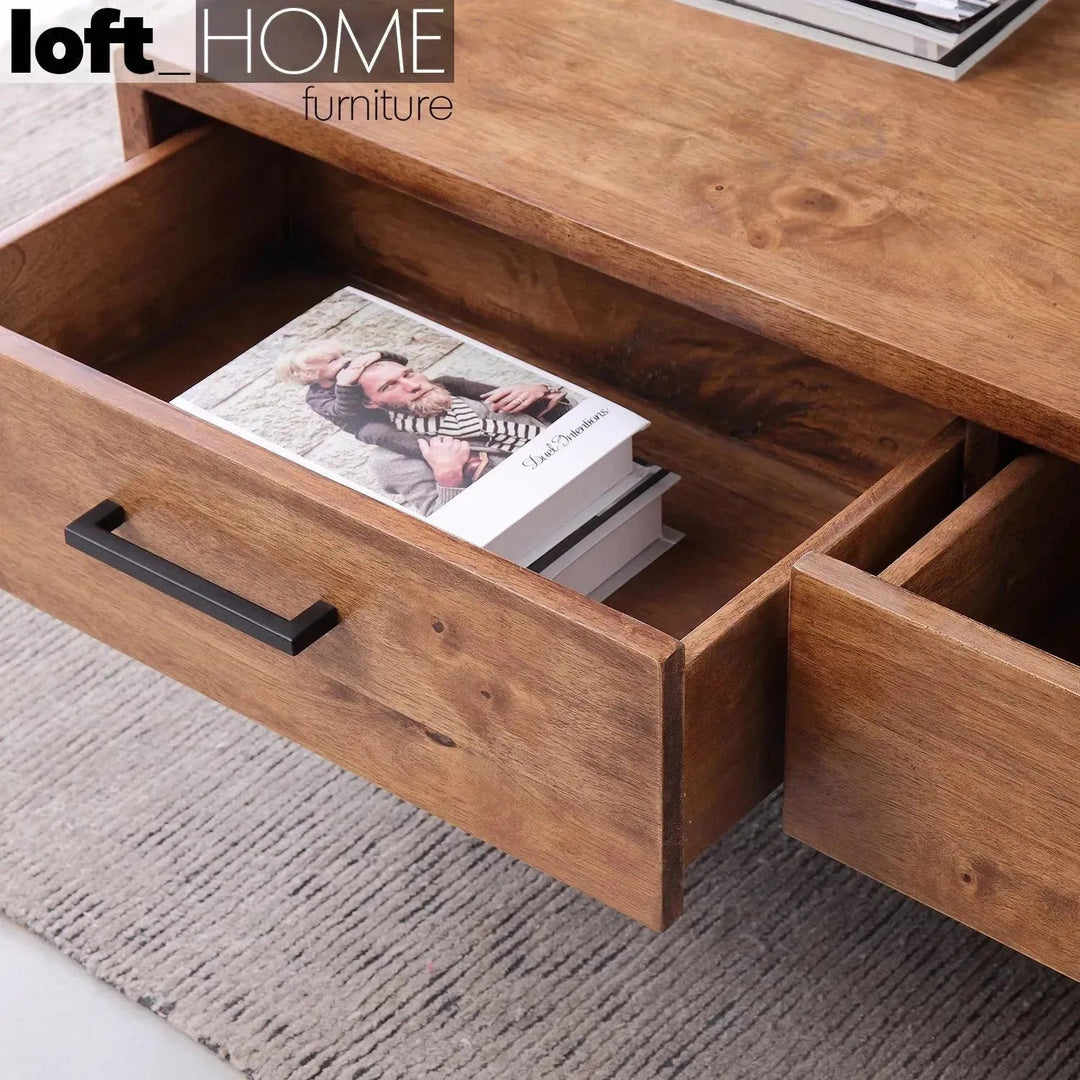 Industrial rubber wood coffee table serb in real life style.