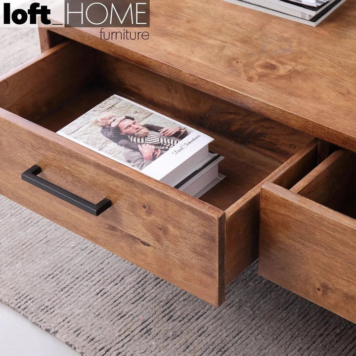 Industrial rubber wood coffee table serb in real life style.