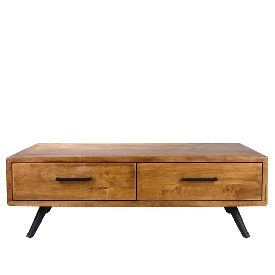 Industrial rubber wood coffee table serb in white background.