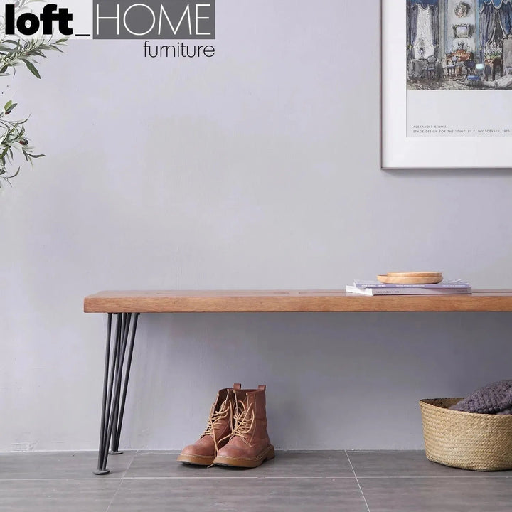 Industrial rubber wood dining bench dovetail in real life style.