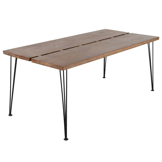 Industrial rubber wood dining table dovetail in white background.