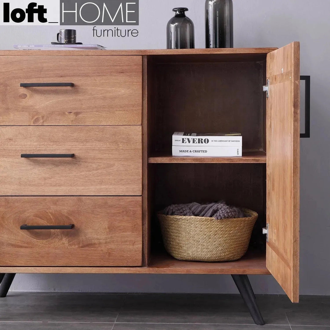 Industrial rubber wood side cabinet serb in real life style.