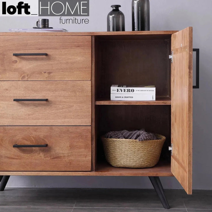 Industrial rubber wood side cabinet serb in real life style.