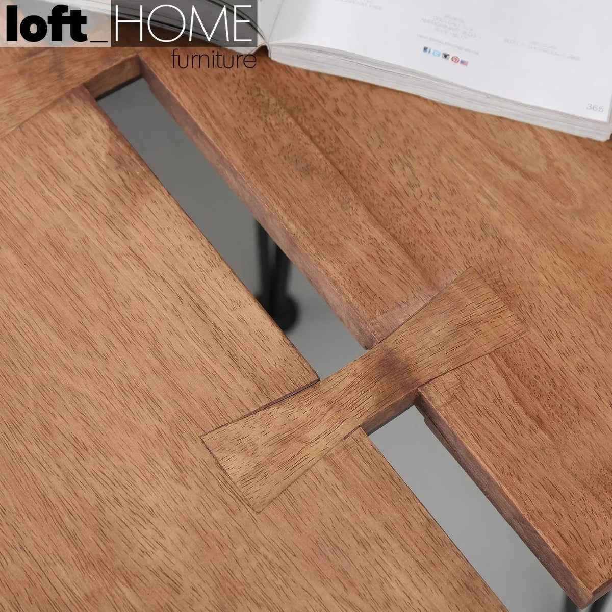 Industrial rubber wood side table dovetail in details.