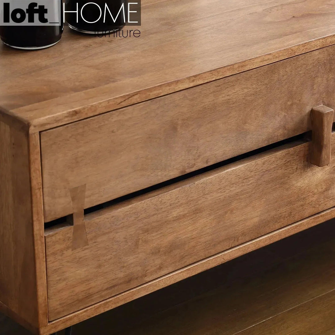 Industrial rubber wood tv console dovetail in close up details.