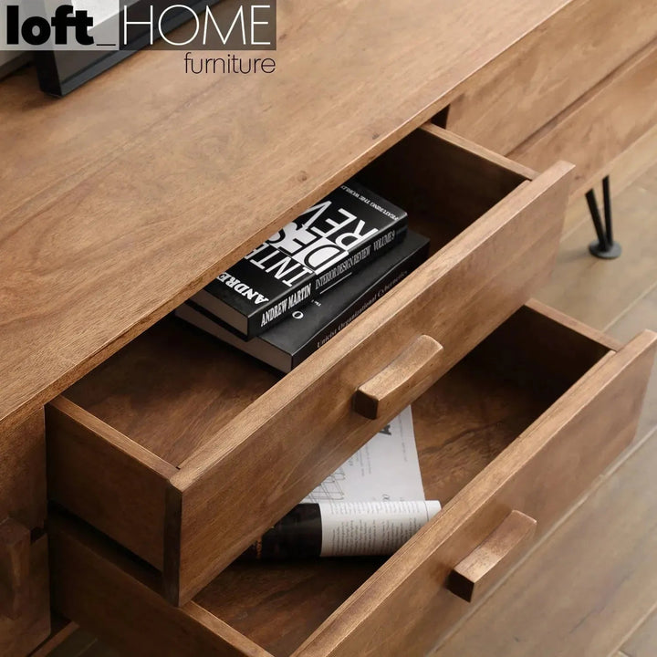 Industrial rubber wood tv console dovetail with context.