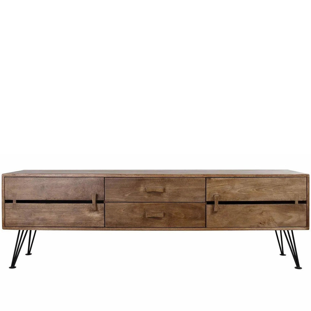 Industrial rubber wood tv console dovetail in white background.