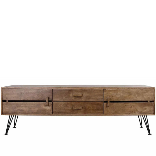 Industrial rubber wood tv console dovetail in white background.