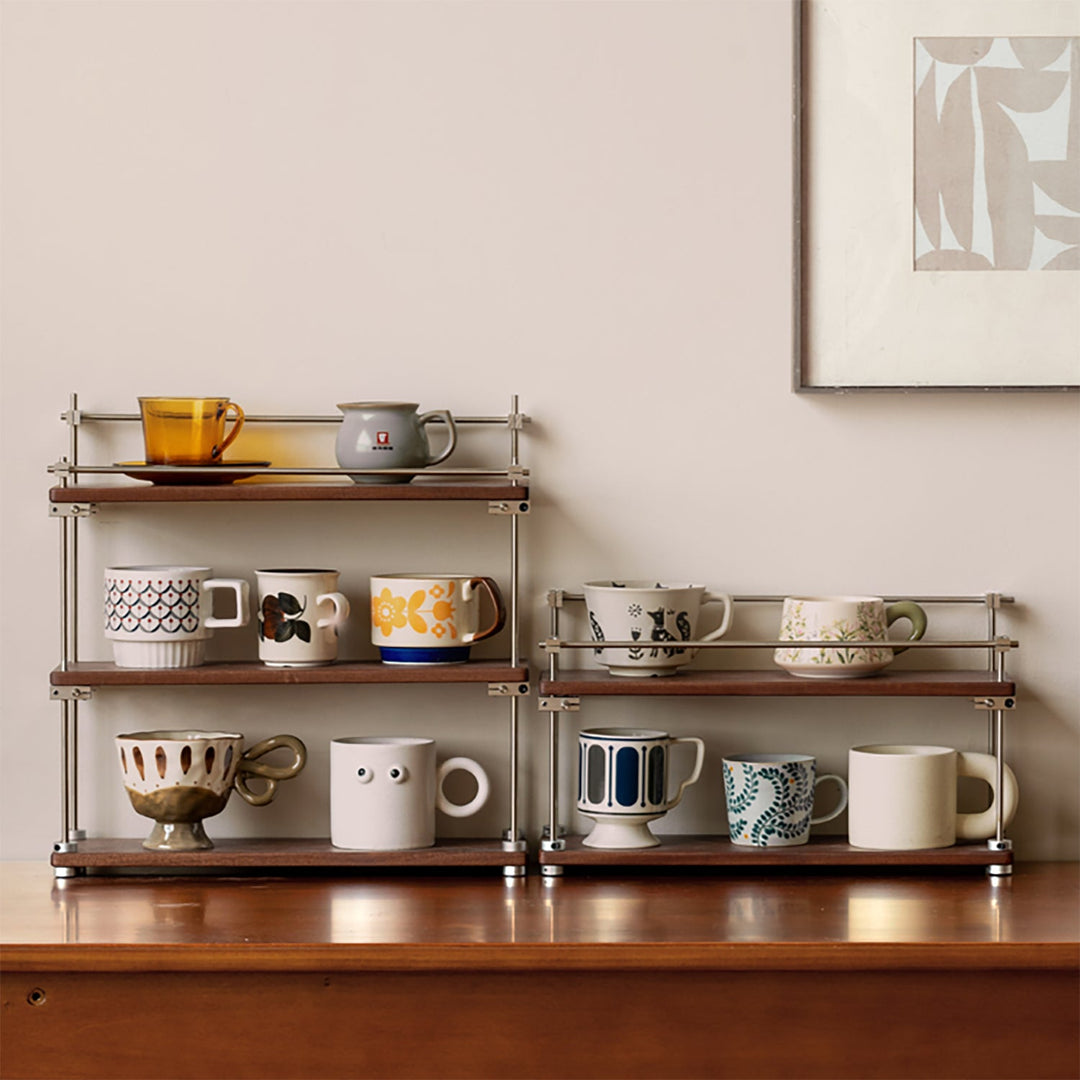 Bauhaus sapele wood stainless steel shelf packer in panoramic view.