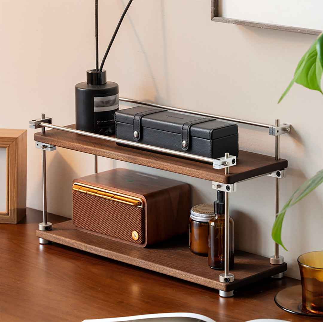 Bauhaus sapele wood stainless steel shelf packer in details.
